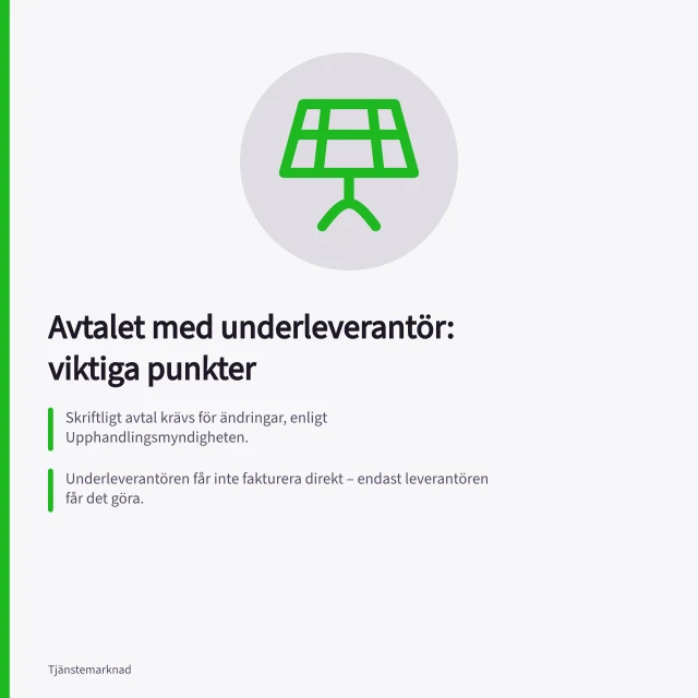 Avtalet med underleverantör: viktiga punkter: Skriftligt avtal krävs för ändringar, enligt Upphandlingsmyndigheten.; Underleverantören får inte fakturera direkt – endast leverantören får det göra.; Sekretess gäller även efter avtalets slut, minst 3 år efter upphörande. Vad bör ingå i ett avtal om underleverantörer?
