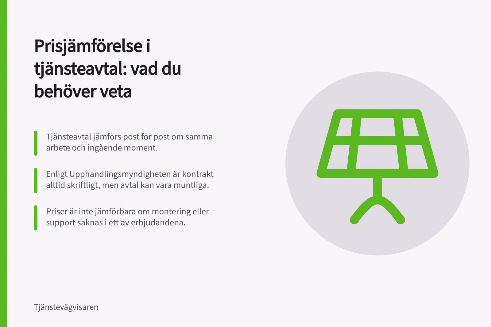 Prisjämförelse i tjänsteavtal: vad du behöver veta: Tjänsteavtal jämförs post för post om samma arbete och ingående moment.; Enligt Upphandlingsmyndigheten är kontrakt alltid skriftligt, men avtal kan vara muntliga.; Priser är inte jämförbara om montering eller support saknas i ett av erbjudandena.